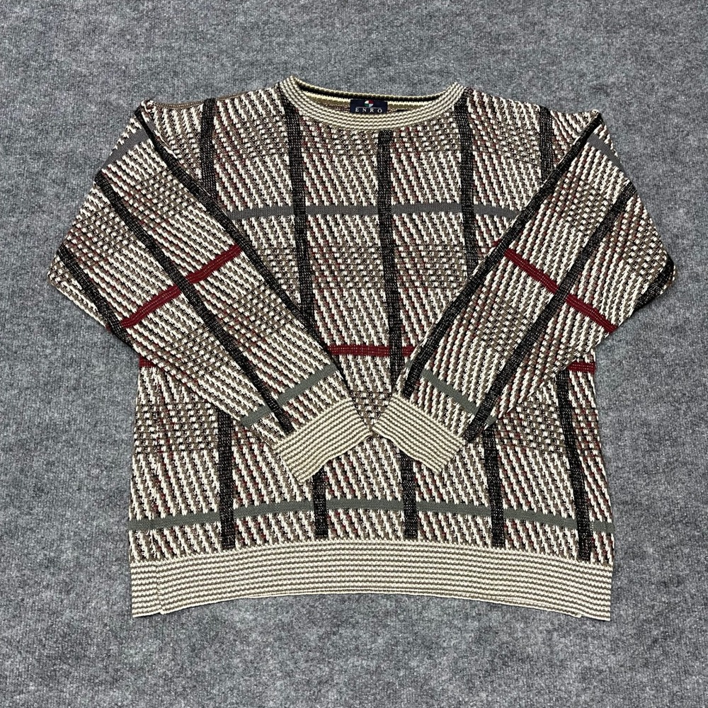 VTG Enro Sweater Mens XL Tall Brown Geometric Textured Knit Made in USA‎ Grandpa